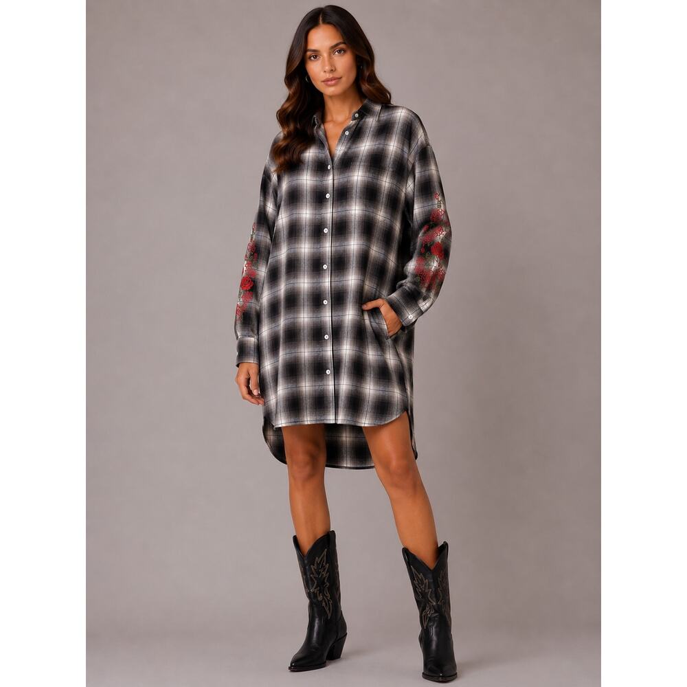 Adaptation Rose Embroidered Plaid Longline Shirt Dress Black White M - Picture 3 of 16